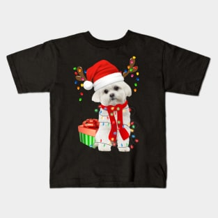 Funny Dog Maltese Wearing Santa Hat Christmas Lights Gift For Dog Lover Kids T-Shirt